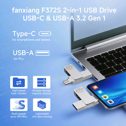 Fanxiang USB Flash Drive F372S, Dual USB Type-C & USB-A, Zinc Alloy Thumb Drive, 32GB/64GB/128GB/256GB