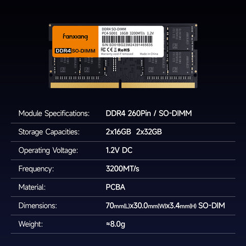 fanxiang SODIMM DDR4 RAM 32GB (2 x 16GB) 3200Mhz, Intel AMD Laptop Memory CL22 1.2V Dual Channel,Ideal for Gaming and Productivity