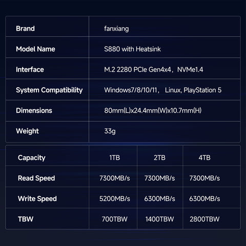 fanxiang S880R PCIe 4.0 NVMe SSD with Heatsink for PS5, M.2 2280 Gen4x4 Internal Solid State Drive, Up to 7300MB/s, 3D NAND TLC, Compatible with Desktop, Laptop, PS5